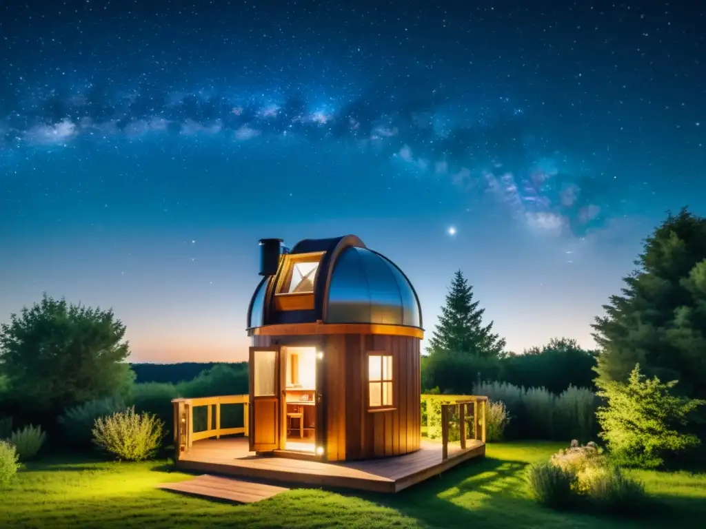 Un observatorio personal bajo presupuesto en un rústico jardín bajo el cielo estrellado, rodeado de naturaleza y libros de astronomía