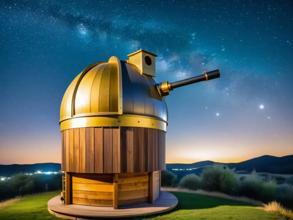 Un observatorio personal bajo presupuesto con telescopio casero, iluminado por linternas, en un rústico patio trasero bajo un cielo estrellado