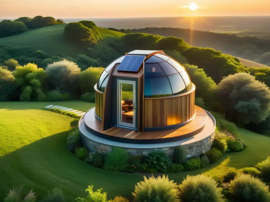 Un observatorio personal vintage integrando energías renovables en un paisaje verde exuberante al atardecer