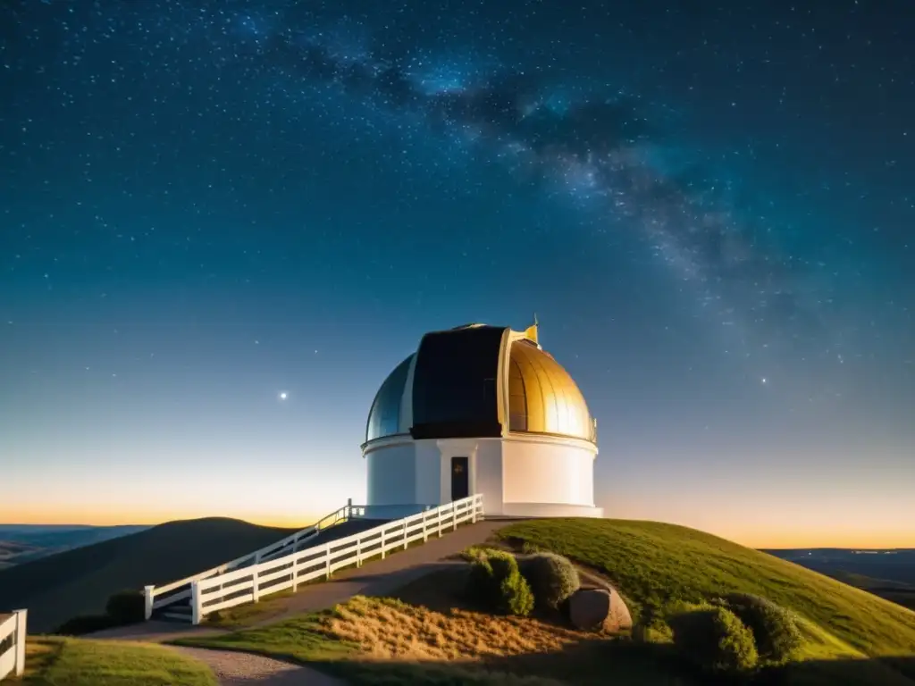 Observatorio tradicional iluminado en la noche estrellada, con efecto contaminación lumínica en tradición astronómica