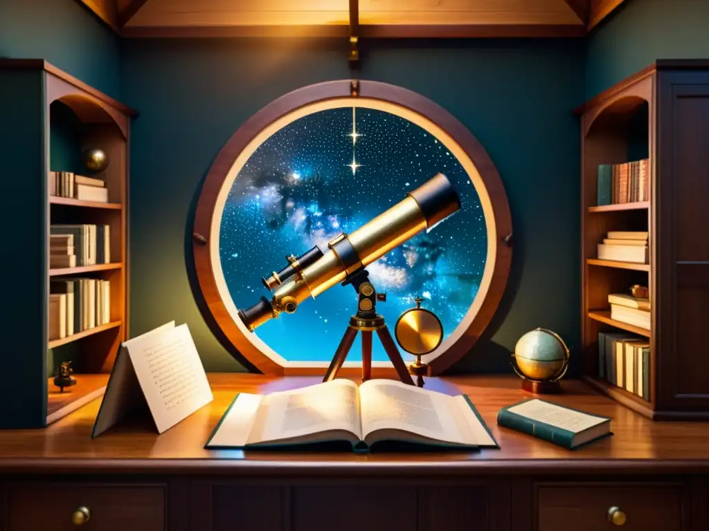 Un observatorio vintage con telescopio, libros antiguos y una atmósfera nostálgica