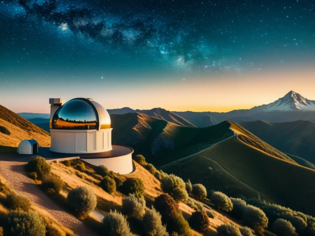 Observatorio vintage en la montaña, con telescopios históricos y un cielo estrellado lleno de galaxias y nebulosas