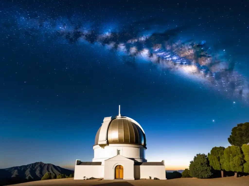 Observatorios famosos para explorar galaxias: Imagen vintage de Mount Wilson Observatory con la Vía Láctea de fondo en una noche estrellada