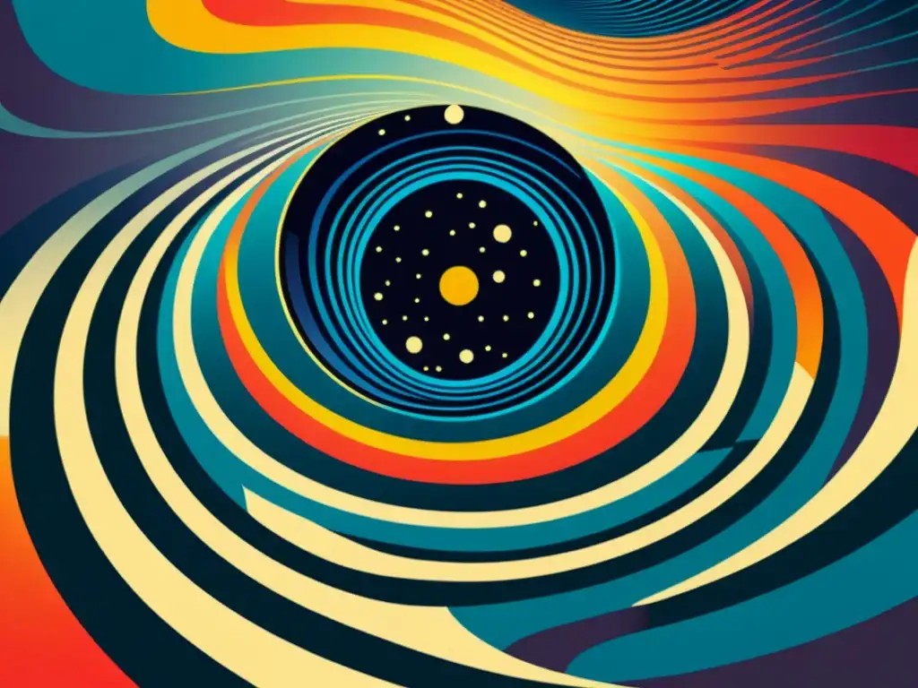 Ondas gravitacionales explicadas con arte vintage de Daniel Rojas: distorsión del espacio-tiempo y colores vibrantes