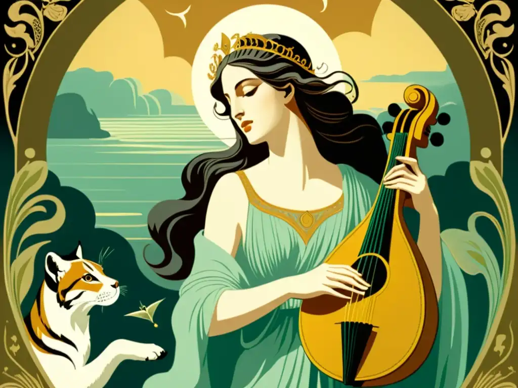 Una ilustración vintage de Orfeo tocando su lira para encantar a las criaturas del inframundo, con su amada Eurídice a su lado en una luz etérea