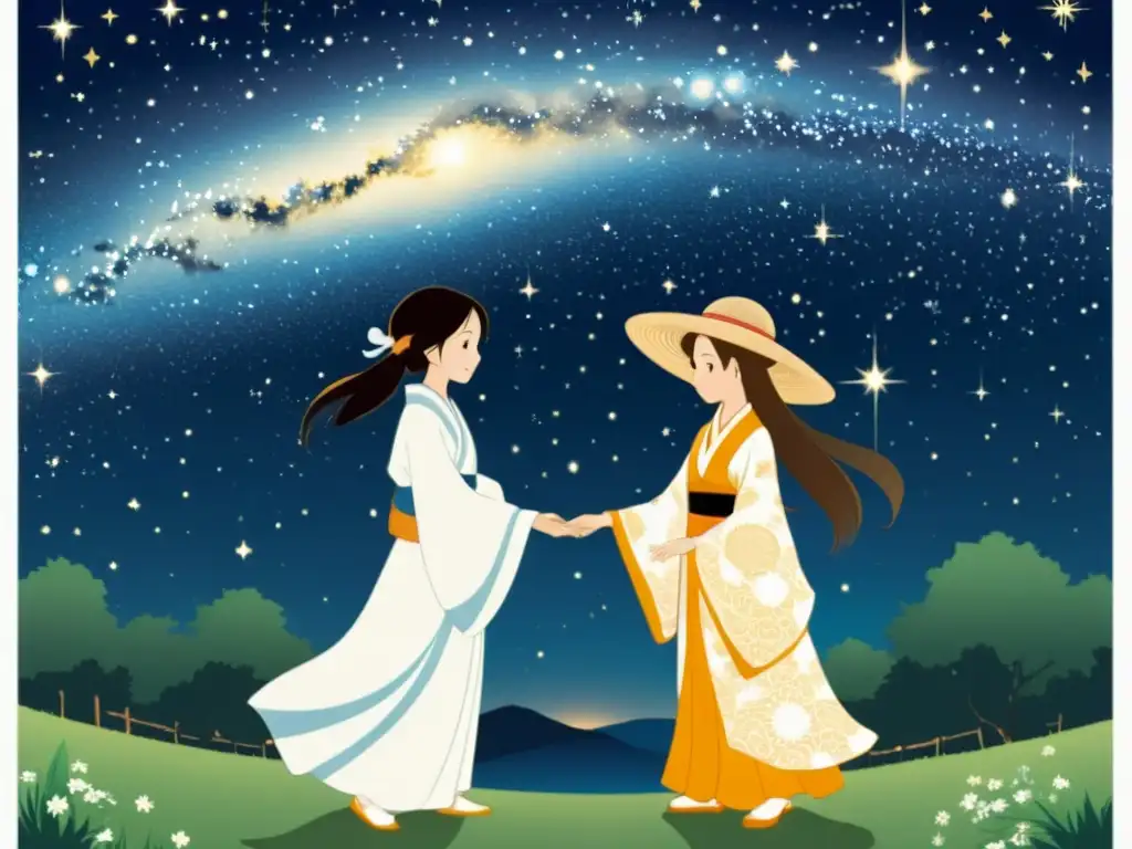 Una ilustración vintage de Hikoboshi y Orihime separados por la Vía Láctea, con un río de estrellas entre ellos