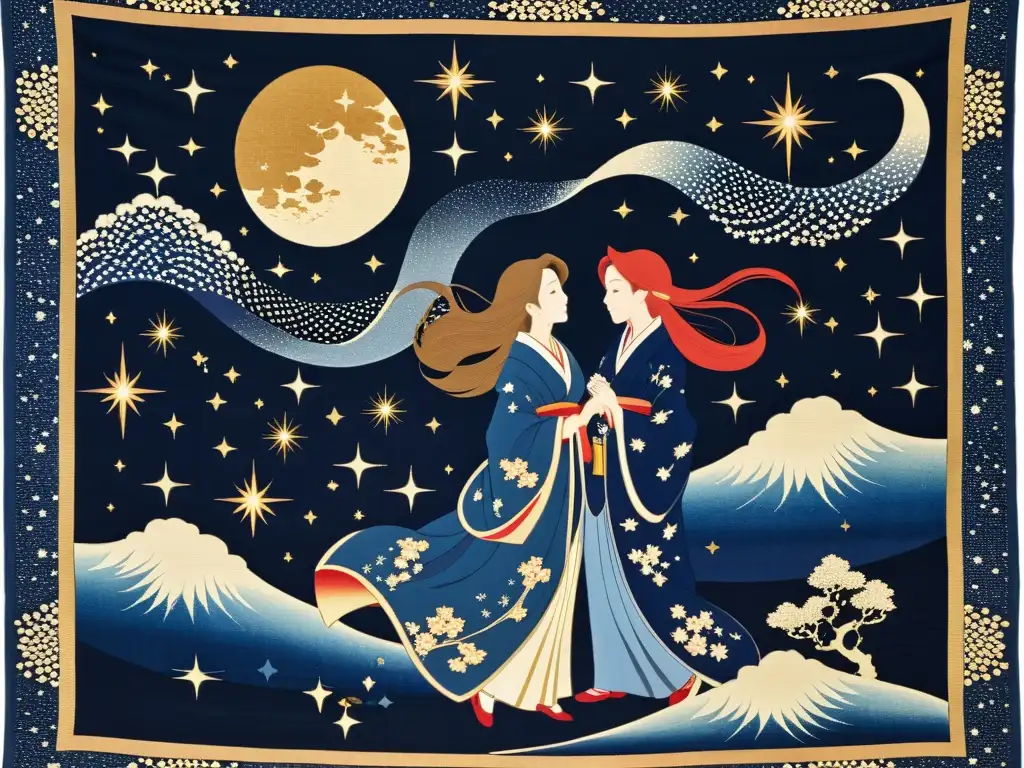 Ornada tapicería japonesa muestra el romance eterno Hikoboshi y Orihime en la Vía Láctea, con motivos celestiales y patrones tradicionales en tonos índigo, carmesí y dorado