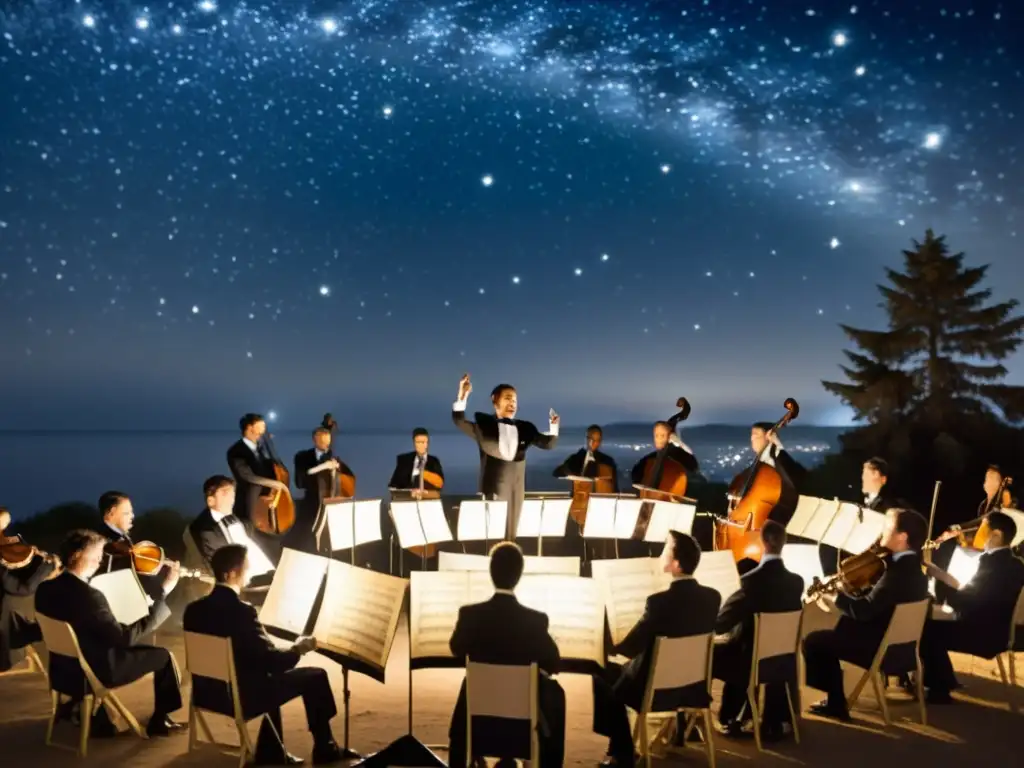 Orquesta clásica bajo estrellas, el director en apasionado gesto, partituras iluminadas