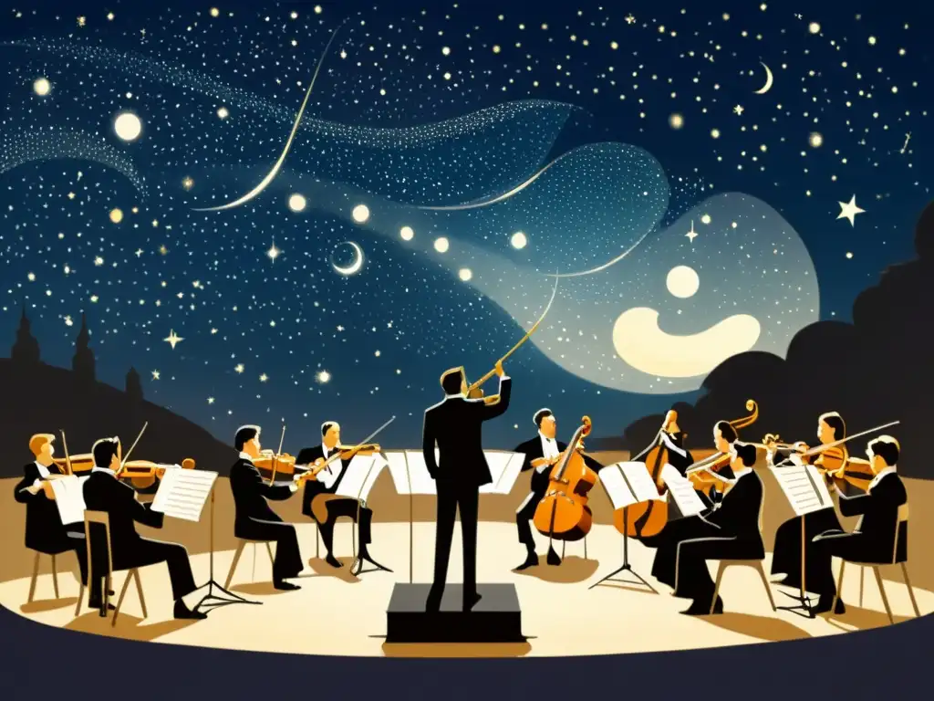 Orquesta clásica bajo estrellas, músicos apasionados y director con batuta, evocando la fascinación de los compositores clásicos por las estrellas