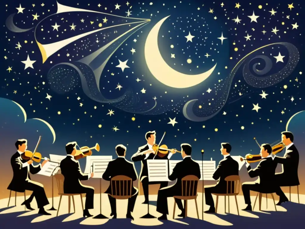 Orquesta Celestial: Concierto Bajo las Estrellas Una orquesta grandiosa interpreta bajo un cielo estrellado mientras la influencia de los astros se entrelaza con la música clásica