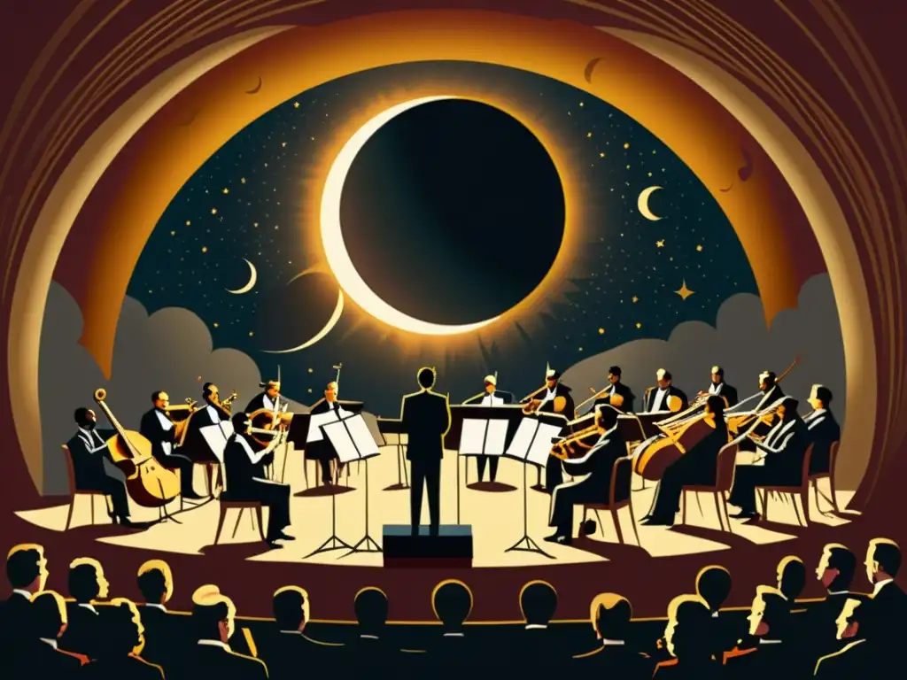 Una orquesta grandiosa interpreta bajo un eclipse solar dramático, con la luna proyectando sombras sobre los músicos