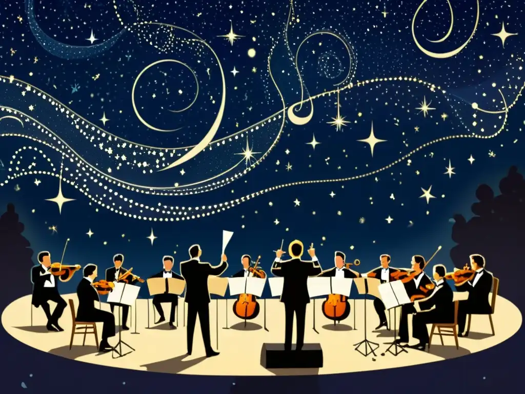 Orquesta vintage bajo cielo estrellado con constelaciones como notas musicales, mostrando armonía entre músicos y fenómenos astronómicos