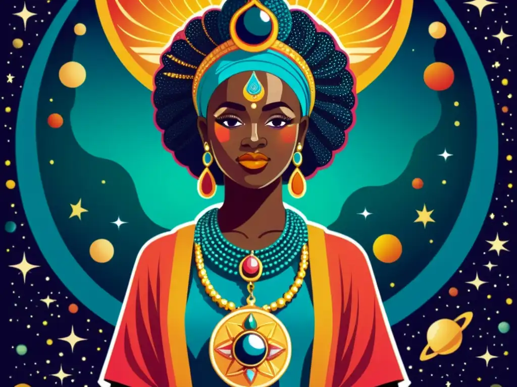 Orunmila, deidad Yoruba, sabiduría y conocimiento en un cosmos vibrante