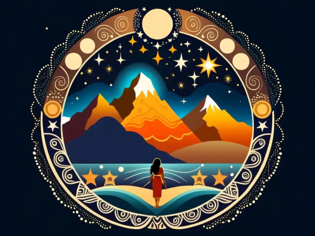 Pachamama y las estrellas andinas ilustradas en tonos cálidos, evocando la sabiduría ancestral y la conexión espiritual