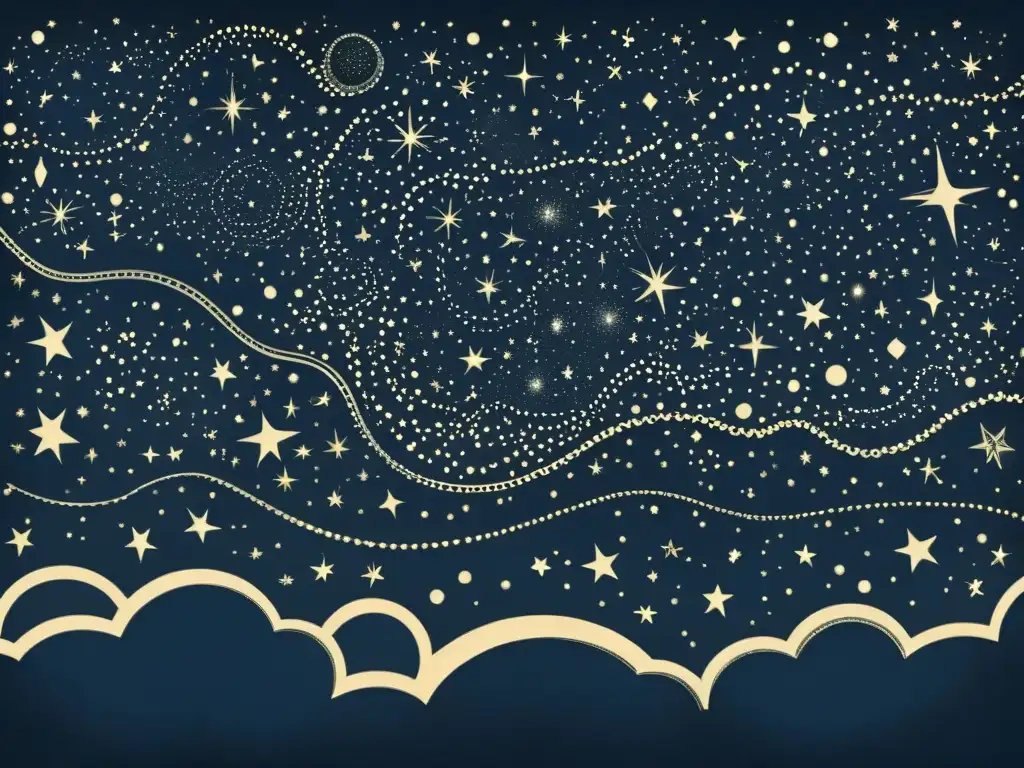 Un paisaje celestial vintage de paralaje estelar y constelaciones, con estrellas detalladas de distintos tamaños y brillos sobre un fondo azul oscuro