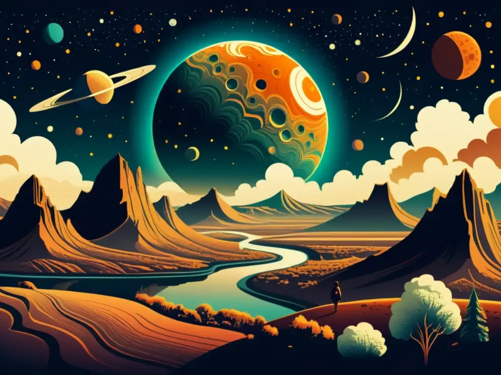 Una ilustración vintage de paisaje cósmico con un planeta lejano, luna anillada y una nave espacial, evocando posibilidades de vida extraterrestre