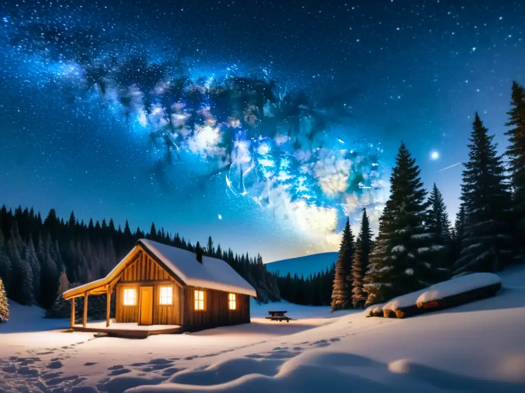 Un paisaje invernal cubierto de nieve con una cabaña entre pinos iluminada por estrellas