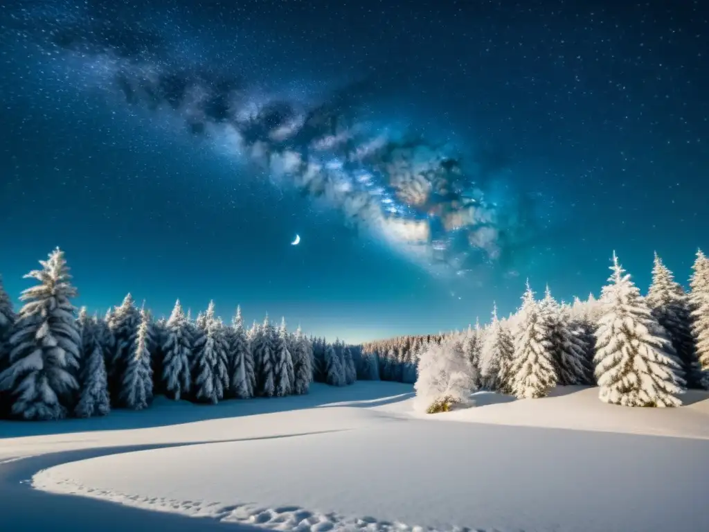 Un paisaje invernal cubierto de nieve bajo un cielo estrellado, con la luna iluminando los árboles