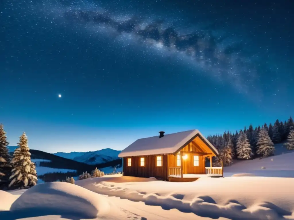 Un paisaje nevado y estrellado de noche con una cabaña iluminada