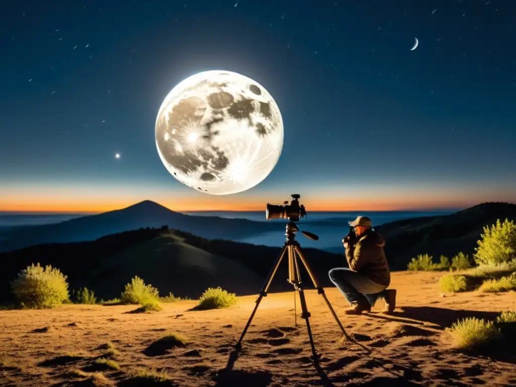 Un paisaje nocturno bañado por la luz de la luna en fase creciente, donde un fotógrafo se prepara para capturar el impacto de la fase lunar en astrofotografía