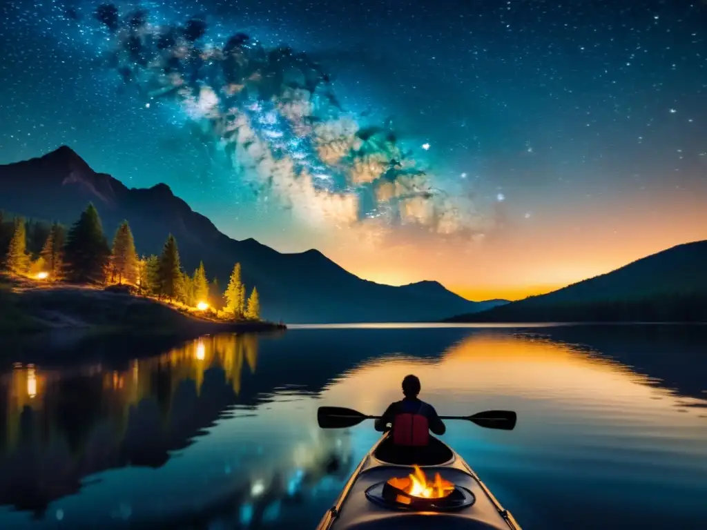 Un paisaje nocturno mágico con una persona remando bajo el cielo estrellado, reflejado en un lago tranquilo