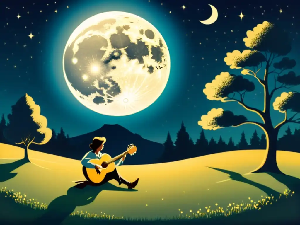 Un paisaje nocturno sereno bañado por la influencia lunar en la música, con una figura solitaria tocando la guitarra bajo su resplandor etéreo