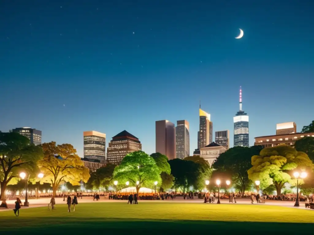 Un paisaje nocturno urbano con luces brillantes en contraste con el cielo oscuro, destacando la protección del cielo nocturno en el desarrollo urbano