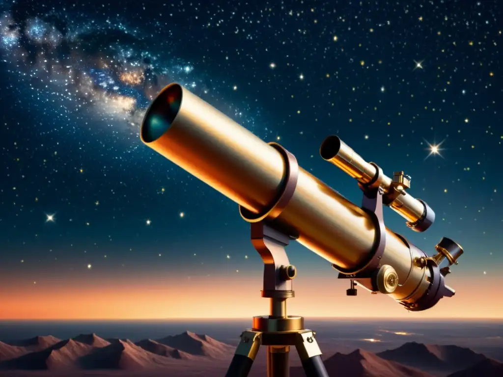 Exploración cósmica: telescopio vintage y estrellas rojizas Un paisaje oscuro y misterioso del espacio salpicado de estrellas rojizas, con un telescopio apuntando hacia las alturas
