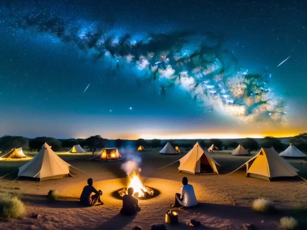 Un paisaje de sabana africana nocturna con una fogata y tiendas de safari, donde se observa la Vía Láctea y las estrellas