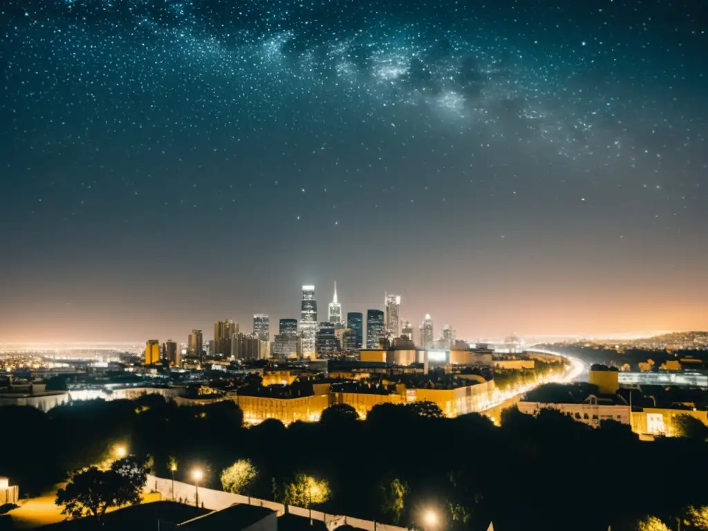 Un paisaje urbano nocturno iluminado por luces brillantes, que eclipsan las estrellas