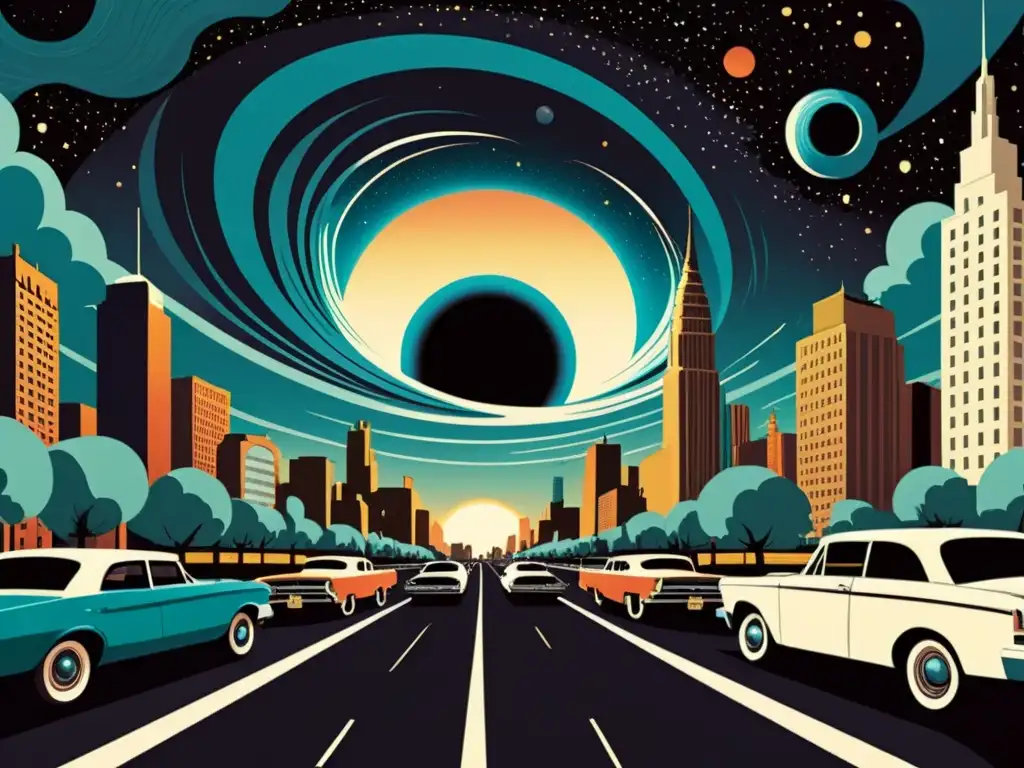 Vórtice cósmico sobre la ciudad vintage Un paisaje urbano vintage bullicioso con un agujero negro sobrenatural en el cielo