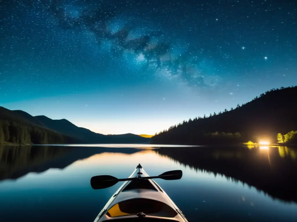 Un paisaje vintage de un lago tranquilo bajo un cielo estrellado