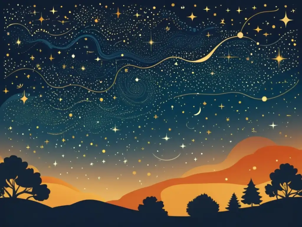 Papelería para eventos con constelaciones: Ilustración vintage de un cielo estrellado, evocando asombro y conexión cósmica