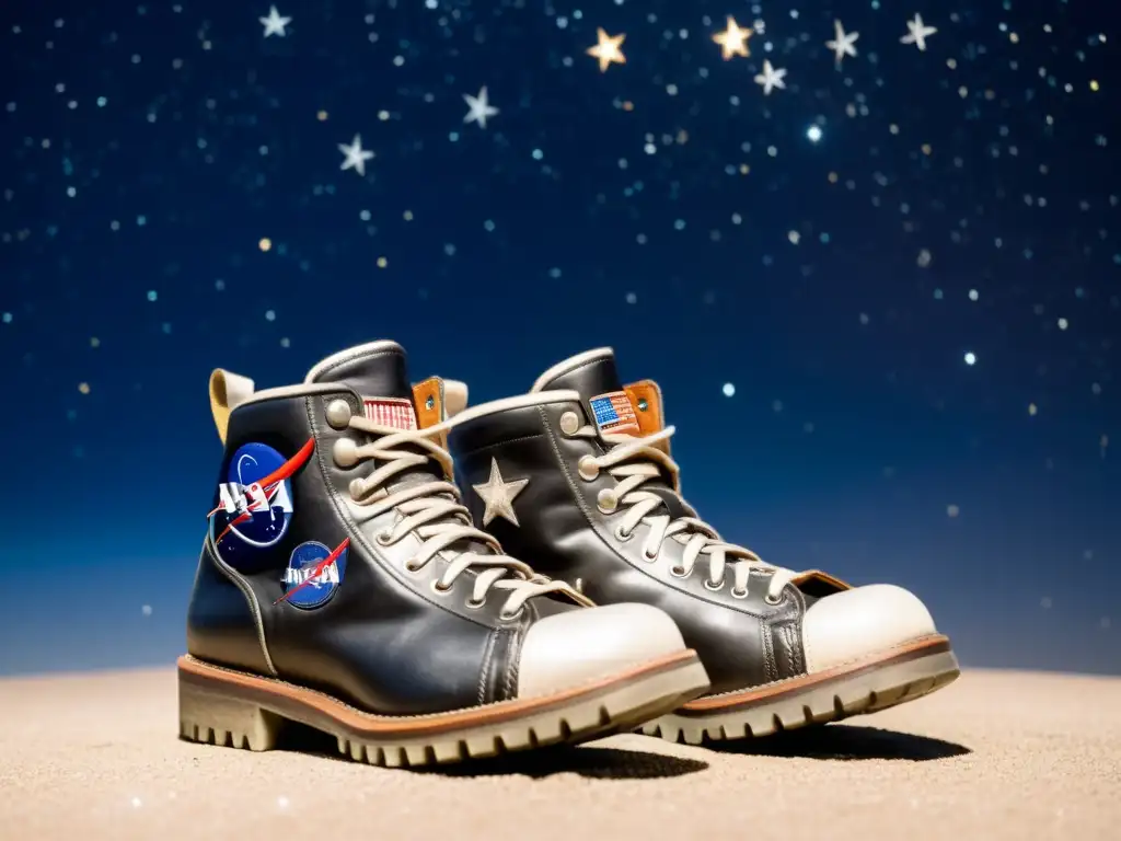 Par de botas de astronauta vintage de cuero con parches desgastados de la NASA, en un cielo estrellado, evocando aventuras espaciales