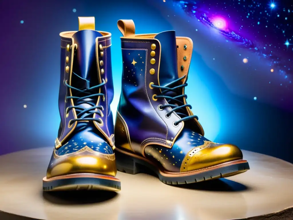 Un par de botas de cuero vintage con diseños celestiales y planetarios, evocando aventuras interestelares