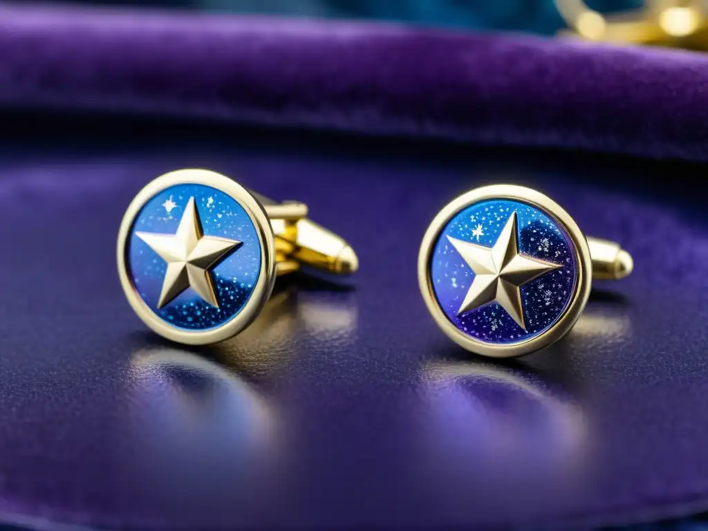 Un par de gemelos vintage con forma de estrellas plateadas, esmaltados en azul y púrpura, sobre terciopelo