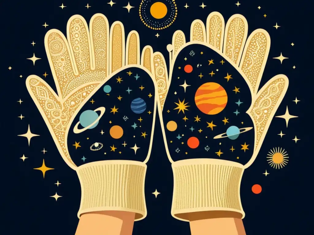 Un par de guantes detallados con diseños planetarios y constelaciones, en tonos cálidos que evocan calidez cósmica