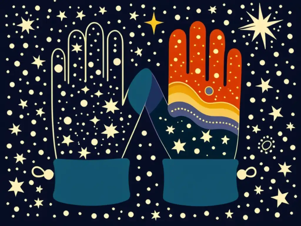 Un par de guantes vintage con constelaciones y patrones estelares, sobre un fondo cósmico de estrellas