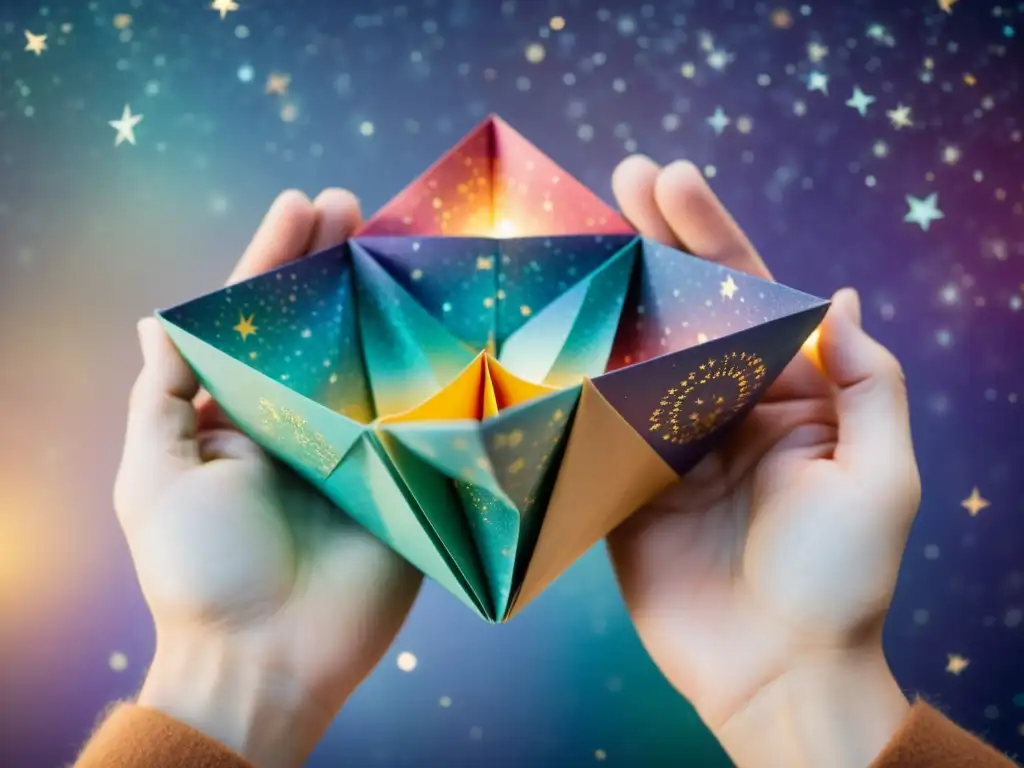 Un par de manos delicadamente doblan papel origami cósmico para formar estrellas, bañadas en cálida luz