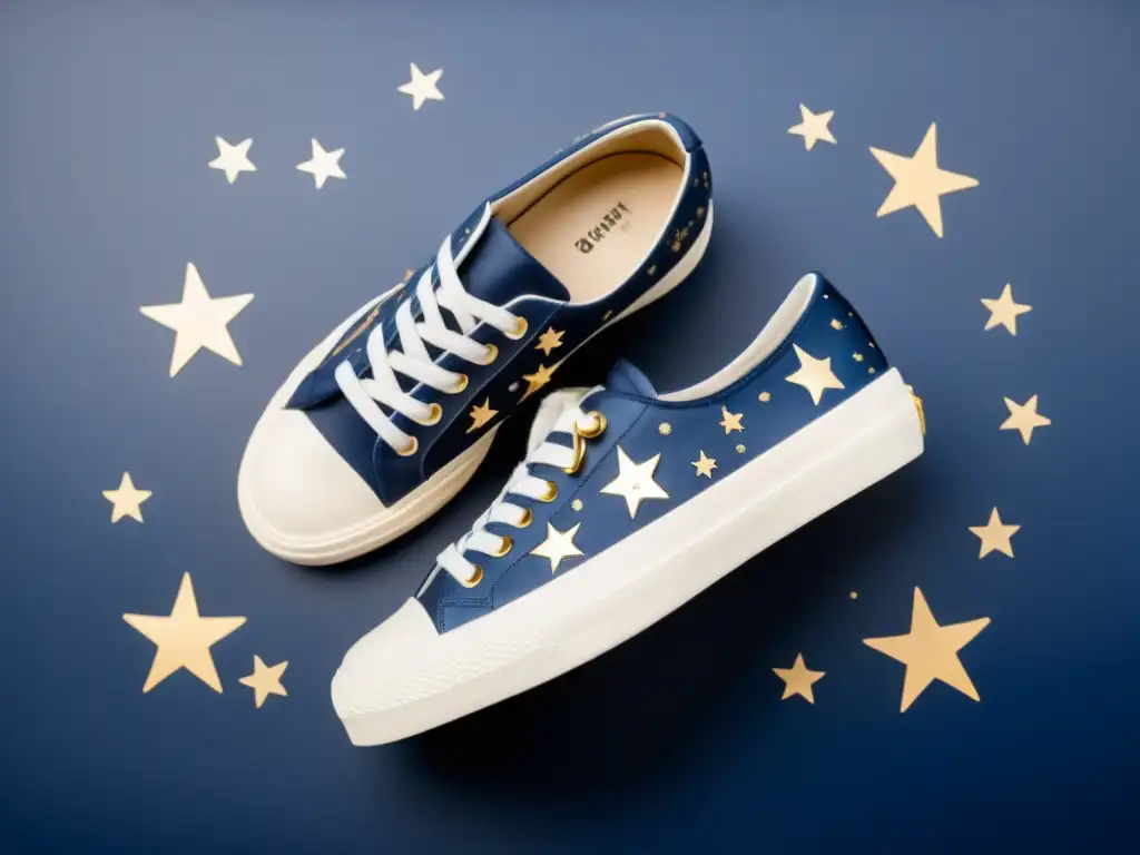 Un par de zapatillas personalizadas con constelaciones, pintadas a mano sobre un fondo azul medianoche, evocando misterio y belleza celeste