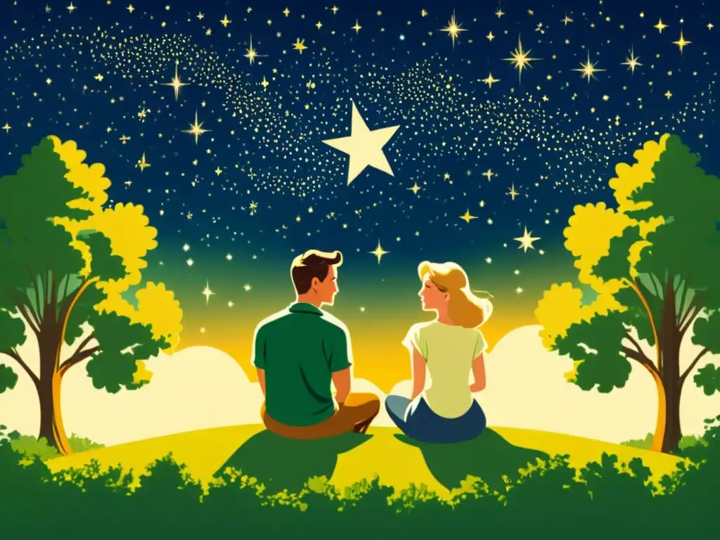 Una pareja se sienta bajo un cielo estrellado, rodeada de exuberante vegetación