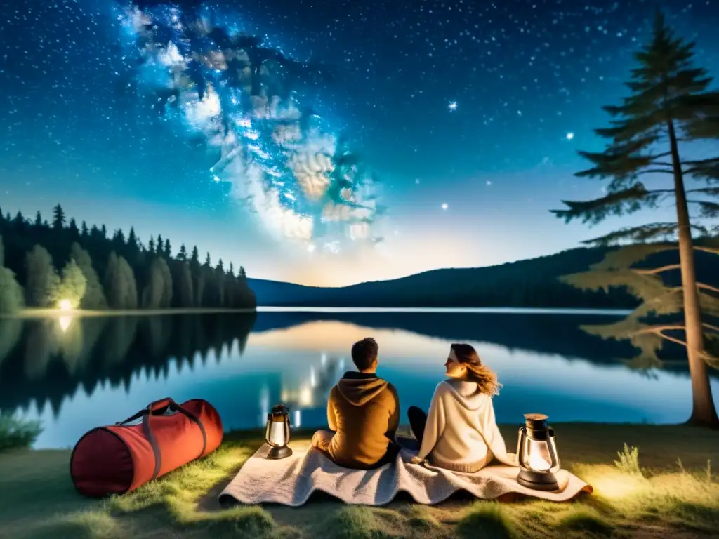 Una pareja disfruta de las estrellas en un idílico picnic bajo el cielo nocturno, con un lago y árboles altos