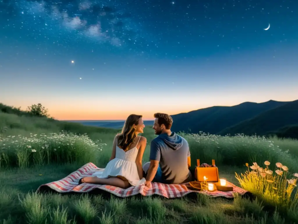 Una pareja disfruta de una romántica noche de estrellas en un campo con un telescopio vintage