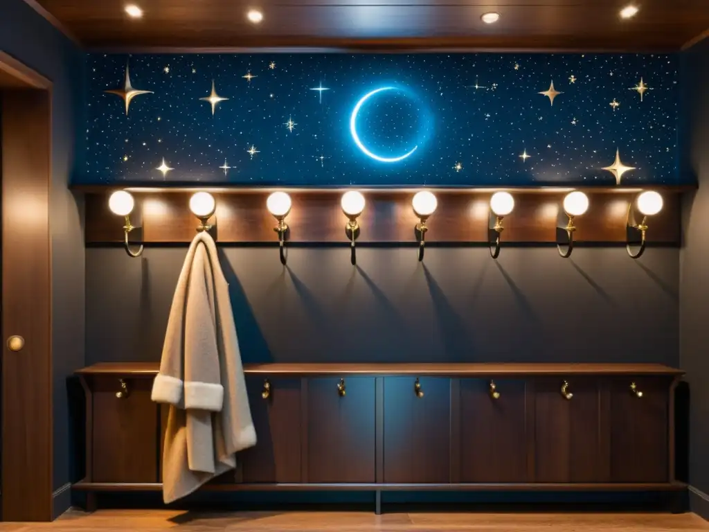 Un pasillo vintage con un perchero astronómico para organizar, decorado con temática celestial y elegantes prendas colgadas