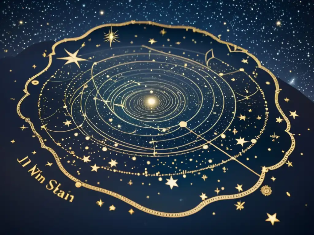 Patrones de movimiento constelaciones estelares en un detallado cielo nocturno con mapas de constelaciones vintage, evocando la danza celestial de las estrellas y su misteriosa belleza