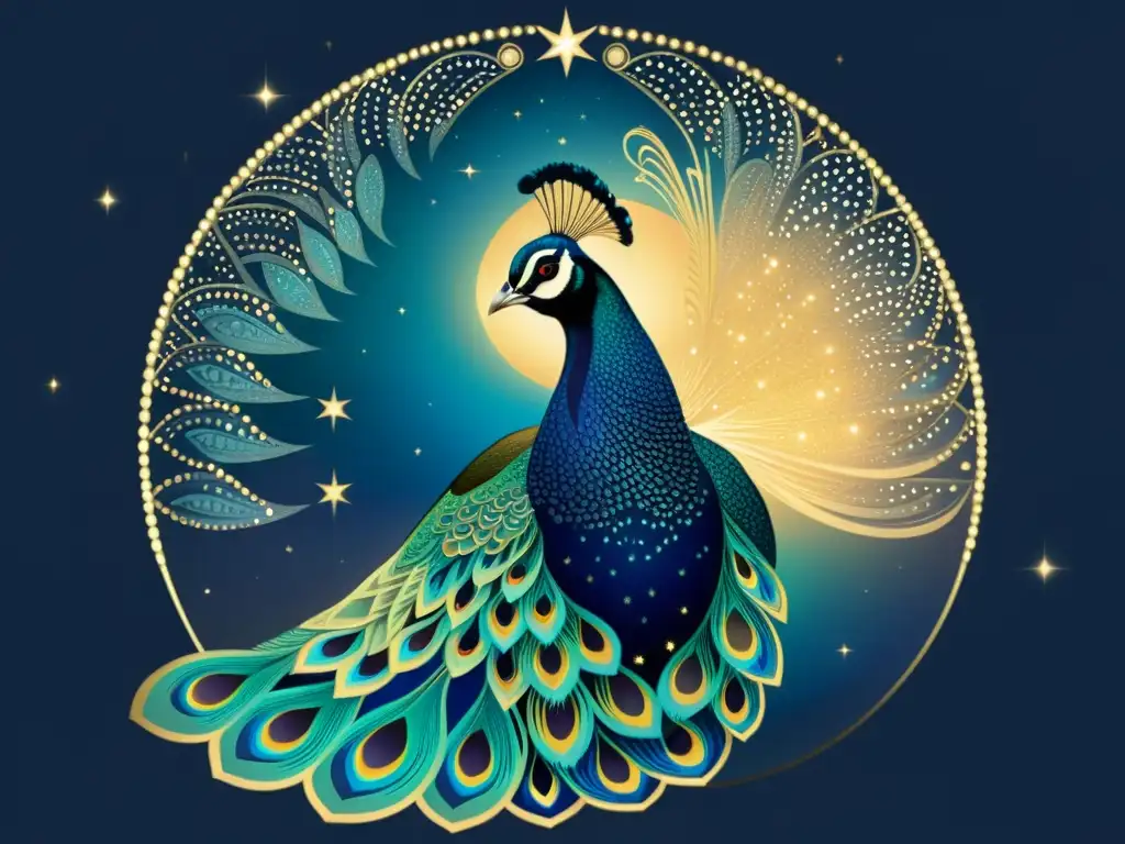 Ilustración vintage del Pavo, con detalles intrincados y un brillo suave, evocando la mitología y el significado celestial de la constelación de Pavo