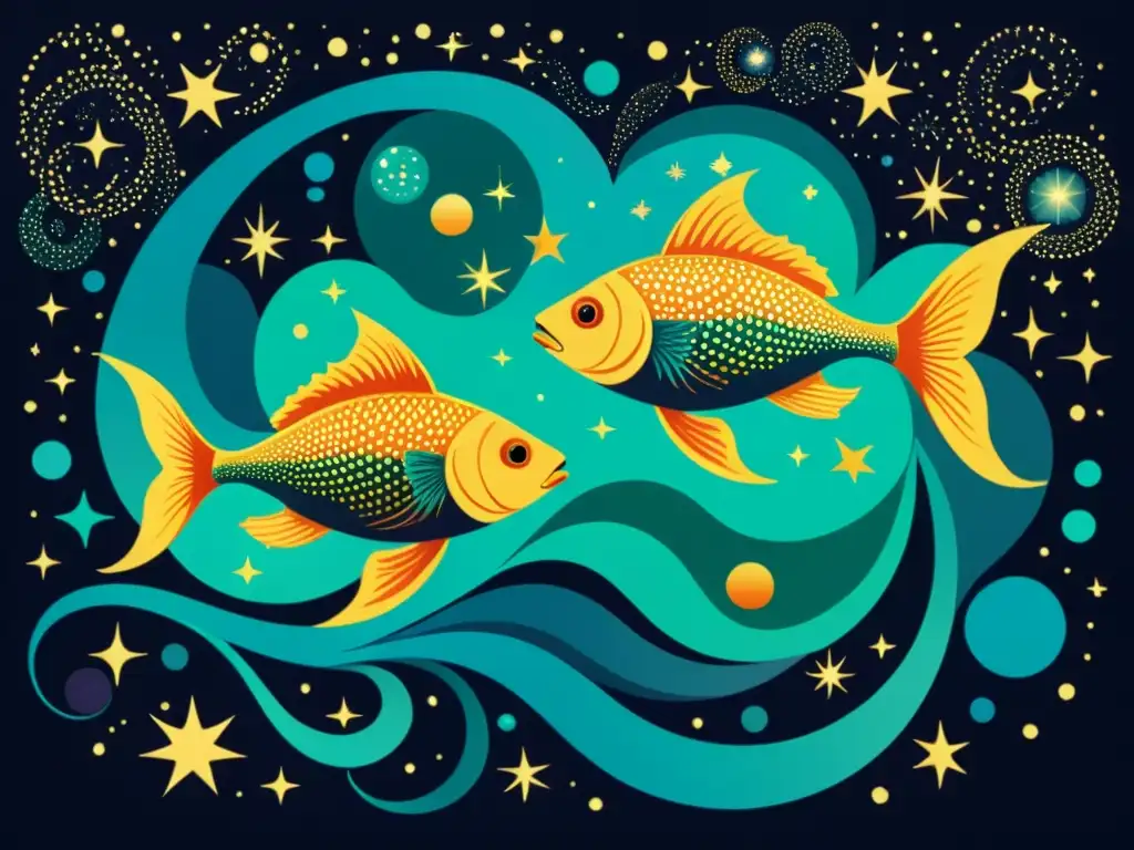 Dos peces cósmicos nadando en aguas celestiales, fusionándose con el universo en una ilustración vintage