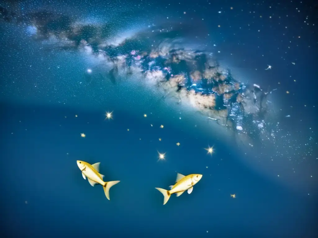 Una fotografía de la constelación de Piscis, con dos peces nadando entre estrellas en un cielo azul profundo