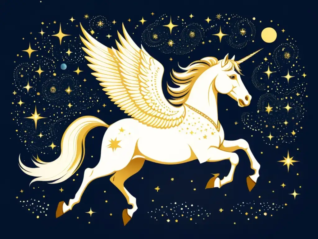 Pegaso surca el cielo estrellado, rodeado de constelaciones, en una escena llena de misterio y belleza mitológica