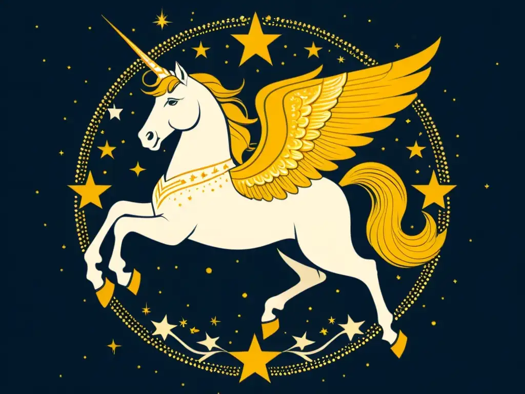 Una ilustración vintage de la constelación Pegaso, con Enif brillando en tonos dorados, capturando la magia de La Nariz del Pegaso historia